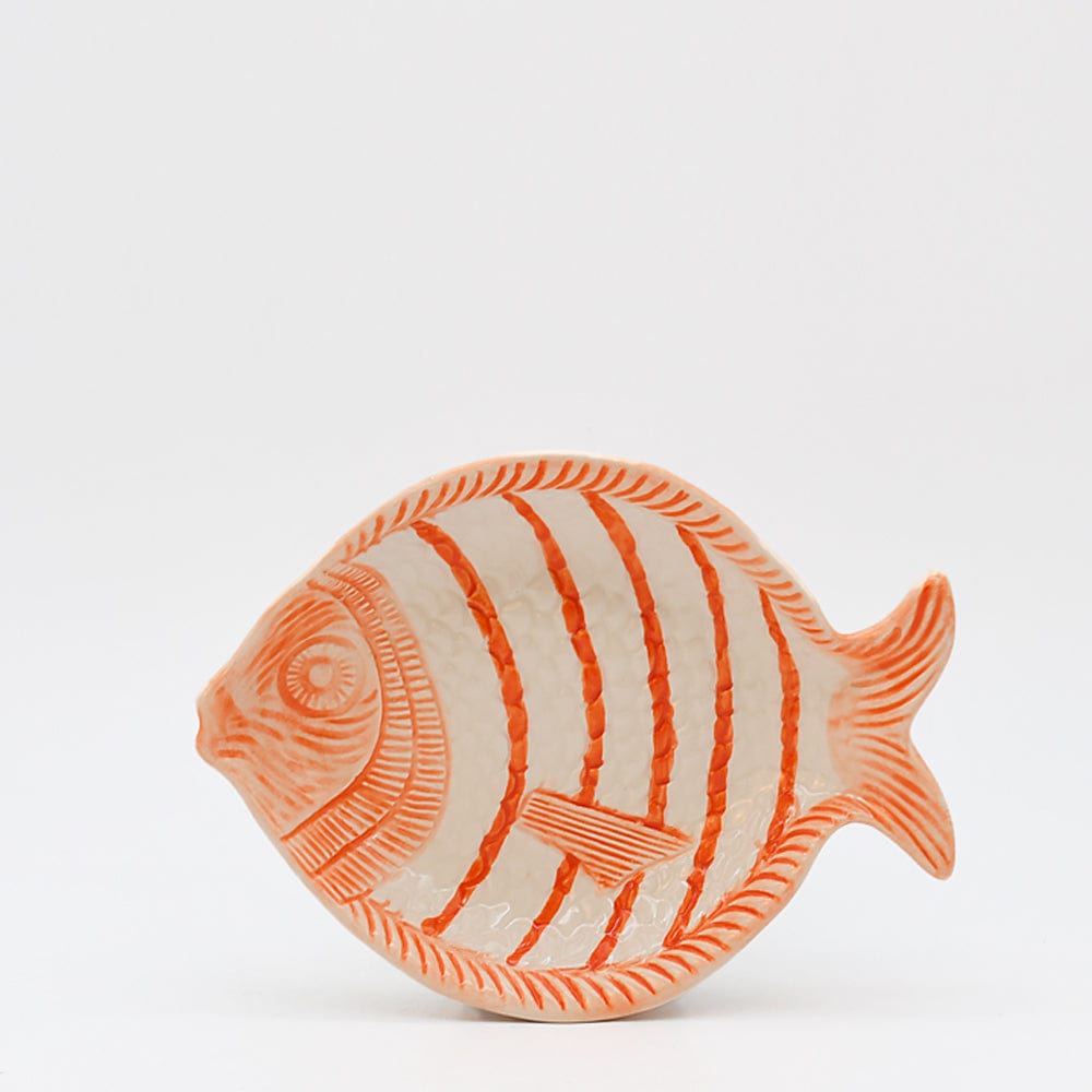 Assiette en forme de poisson rayée orange et blanche Assiette creuse rayée en forme de poisson - Orange 25cm