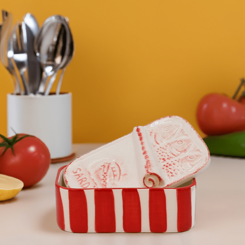 Boite en céramique rayée rouge Boite à sardines en céramique rayée - Rouge