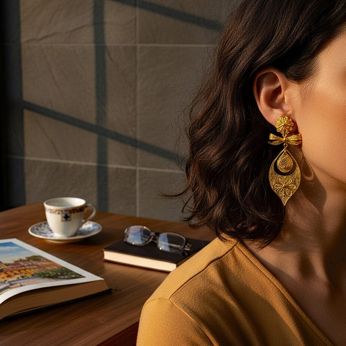 Boucles d'oreille en filigrane d'argent doré I Vente de bijoux argent Brincos À Princesa I Boucles d'oreille en argent doré - 9cm