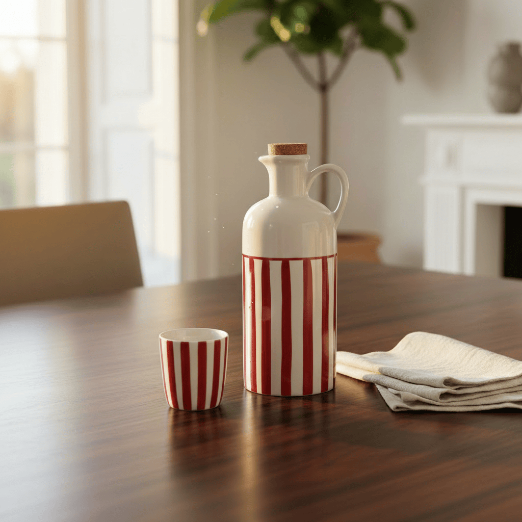 Carafe rayée rouge et blanche avec bouchon en liège Carafe à huile rayée "Costa Nova Mar" 18cm - Rouge