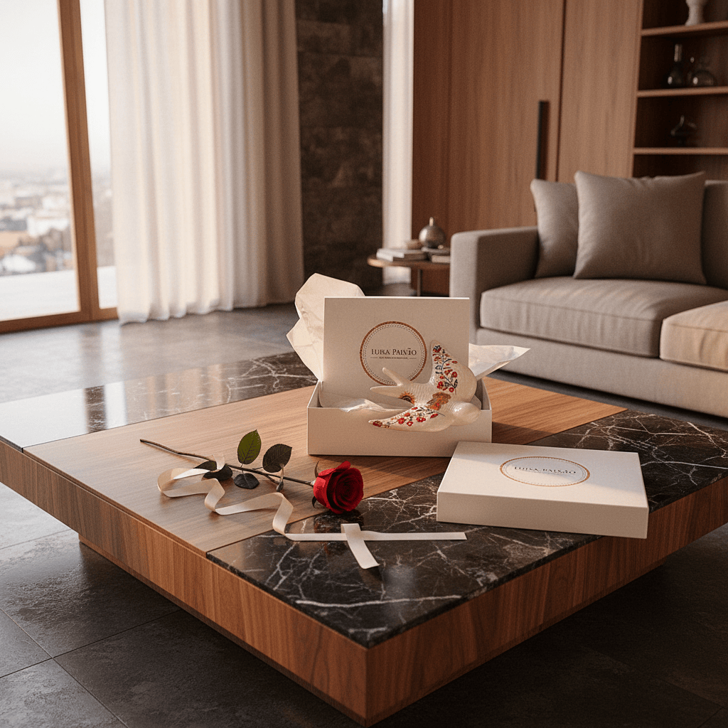 céramique avec des motifs namorados, dans sa boîte cadeau Luisa Paixão. Coffret hirondelle "Namorados"