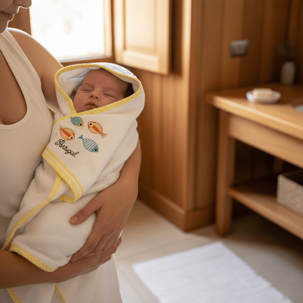 Drap de bain à capuche jaune aux motifs sardines portugaises Drap de bain à capuche en coton "Sardinhas" - Jaune