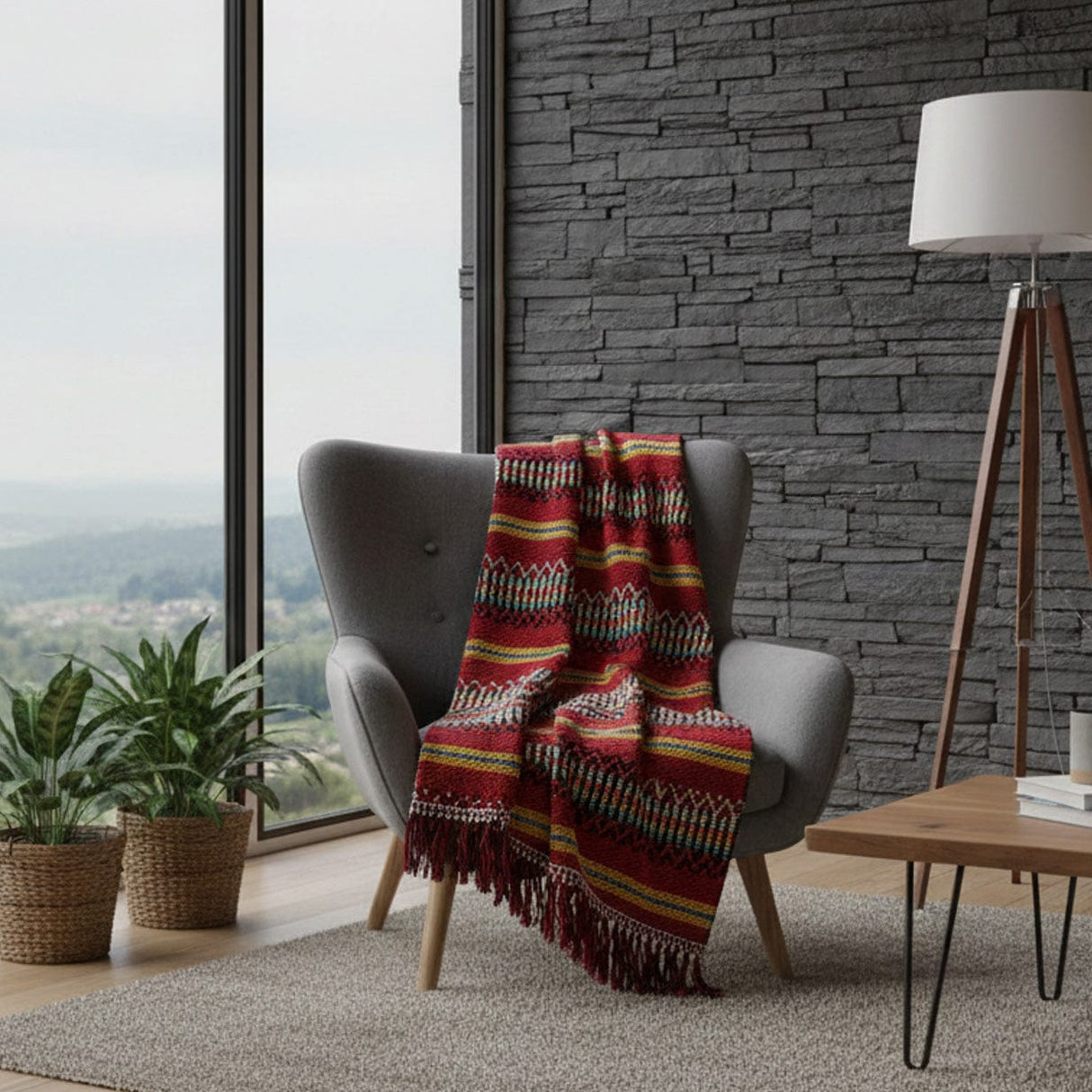 Plaid traditionnel Portugais Bordeaux Plaid traditionnel à frange "Manta de Mira de Aire" - Bordeaux