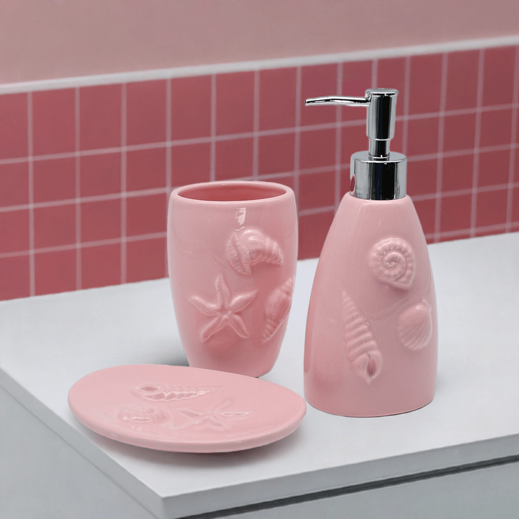 Set de salle de bains Rose I Distributeur + Gobelet + Porte savon Set de salle de bain en céramique - Rose