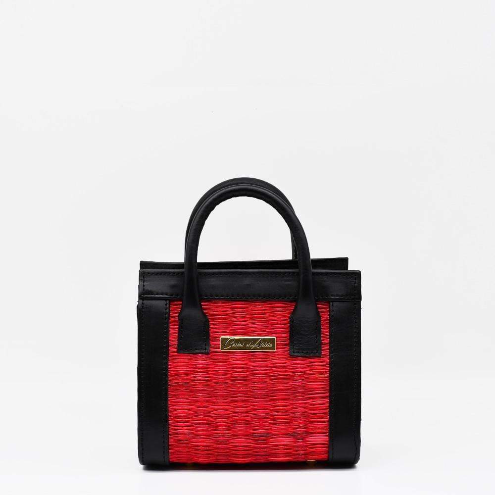 Sac en cuir et osier (jonc) 20cm - Rouge