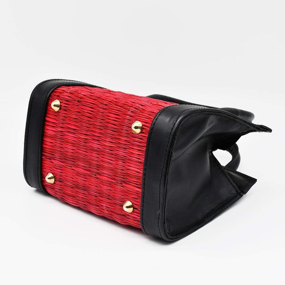 Sac en cuir et osier (jonc) 20cm - Rouge