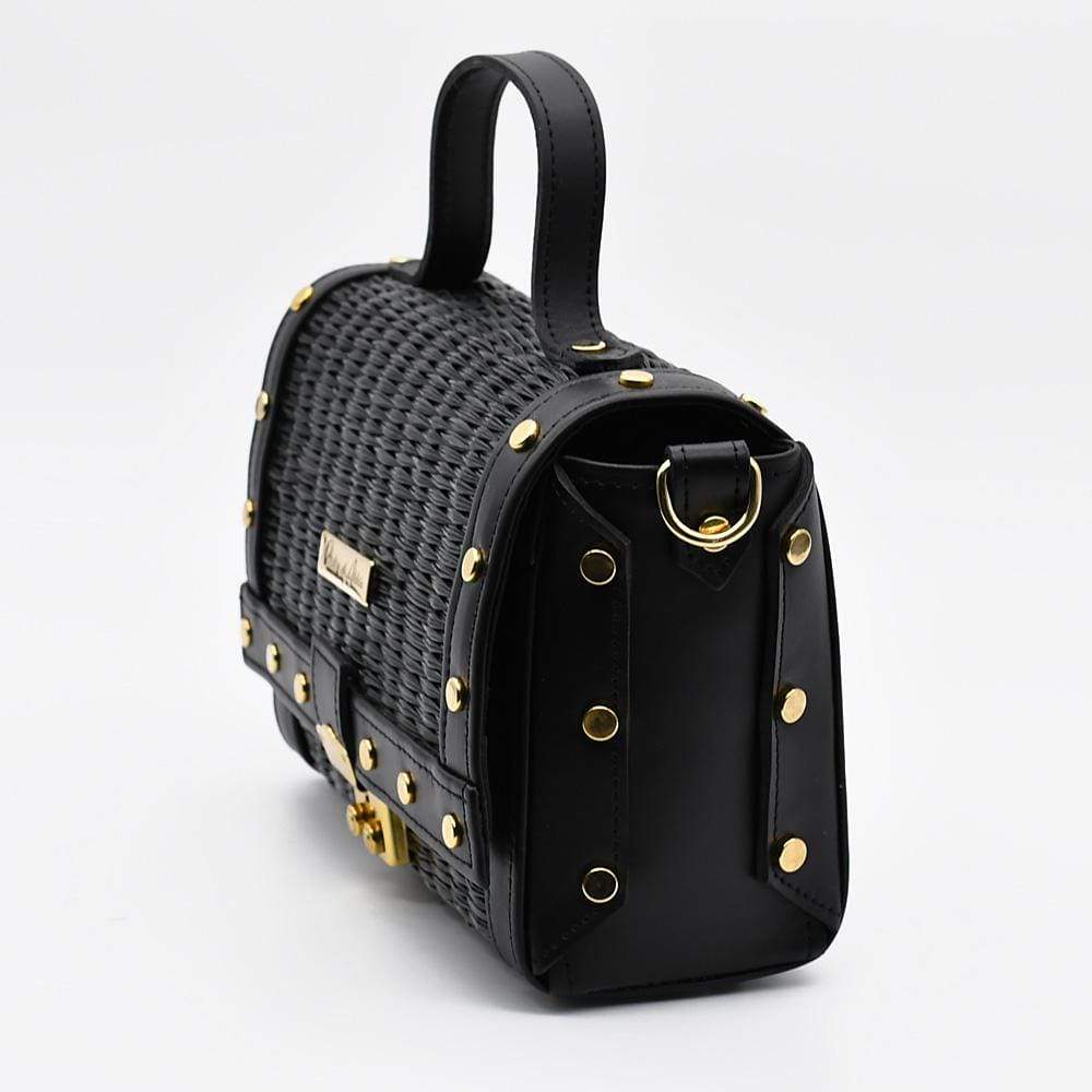 Sac à main en cuir et jonc noir I Tendance portugaise Sac en cuir et jonc 24cm - Noir