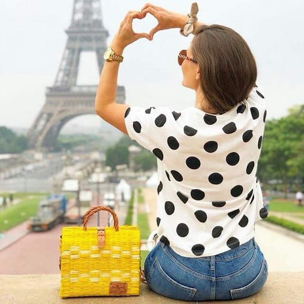 Sac cabas en osier (jonc) 26cm - Jaune & Blanc