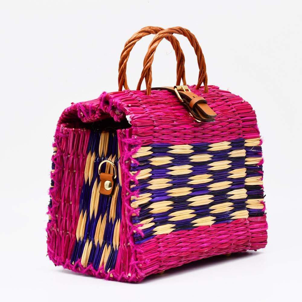 Sac cabas en osier (jonc) 22cm - Rose & Mauve