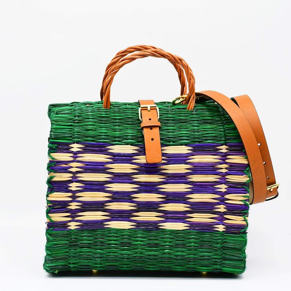 Sac cabas en osier (jonc) 26cm - Vert & violet