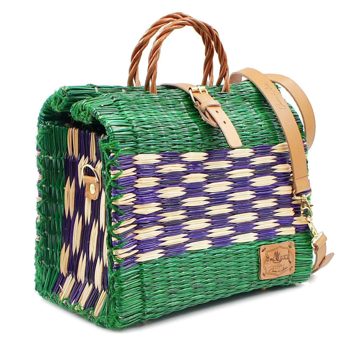 Sac cabas en osier (jonc) 30cm - Vert & violet