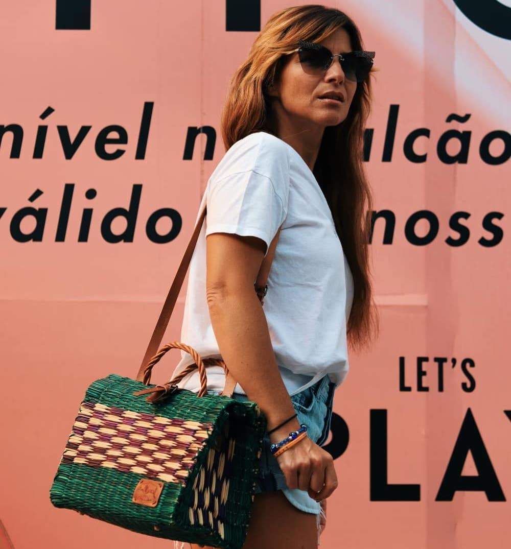 Sac cabas en osier (jonc) 30cm - Vert & violet