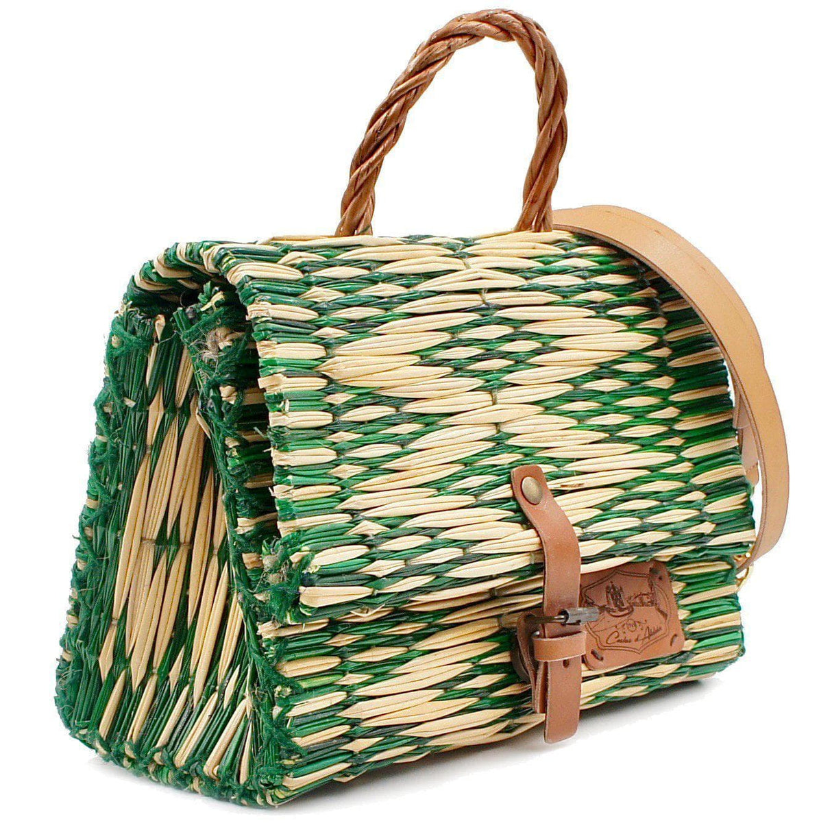 Sac cartable en osier (jonc) 25cm - Vert & naturel