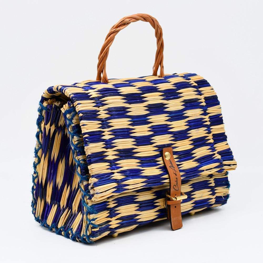 Sac cartable en osier (jonc) 25cm - Bleu & naturel