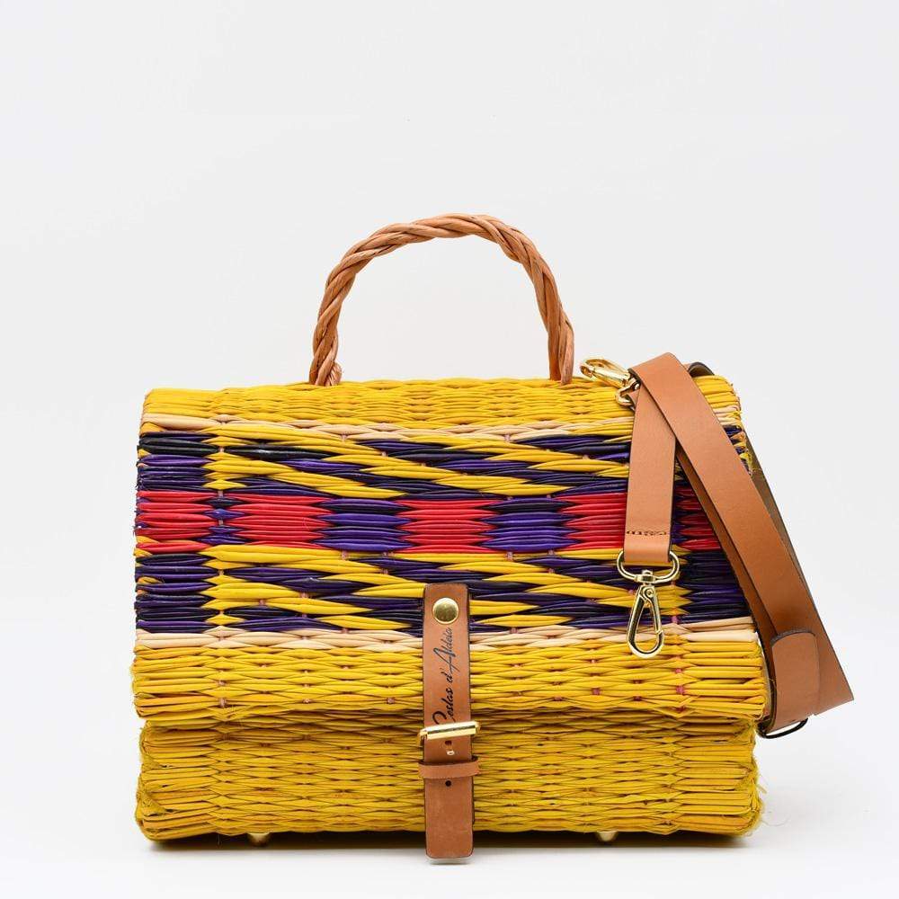 Sac cartable en osier (jonc) 25cm - Jaune & multicolore