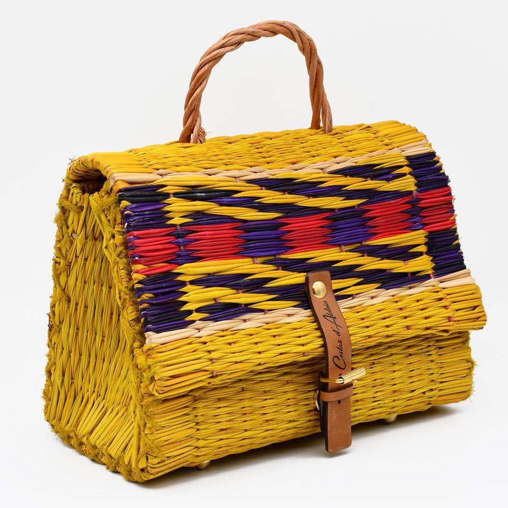 Sac cartable en osier (jonc) 25cm - Jaune & multicolore
