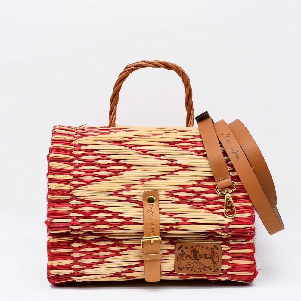 Sac cartable en osier (jonc) 25cm - Rouge & naturel