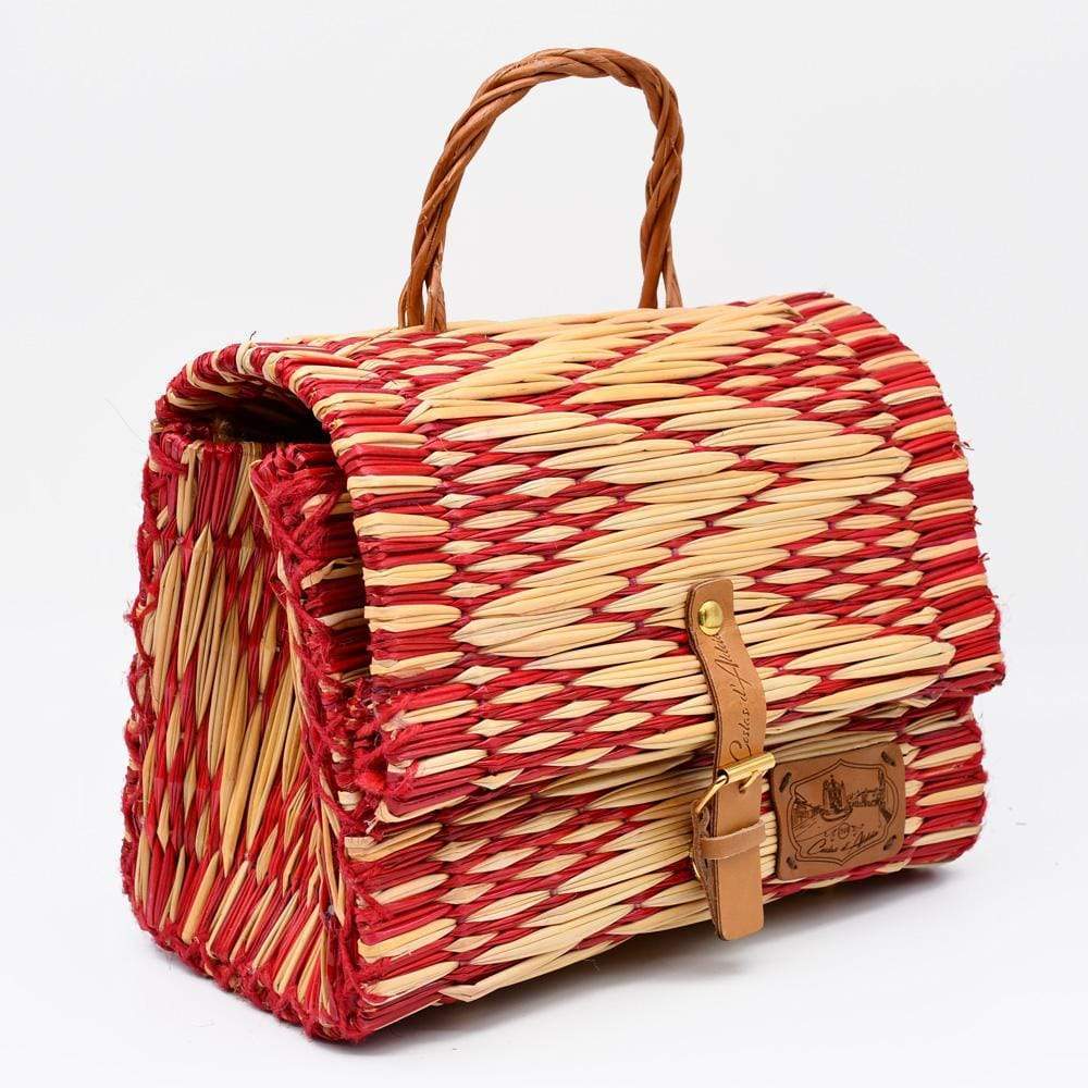 Sac cartable en osier (jonc) 25cm - Rouge & naturel