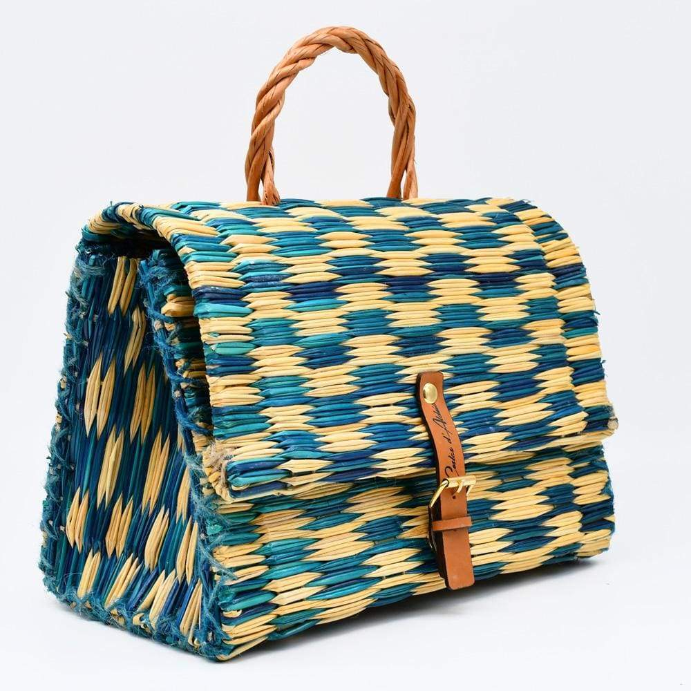 Sac cartable en osier (jonc) 25cm - Turquoise & naturel