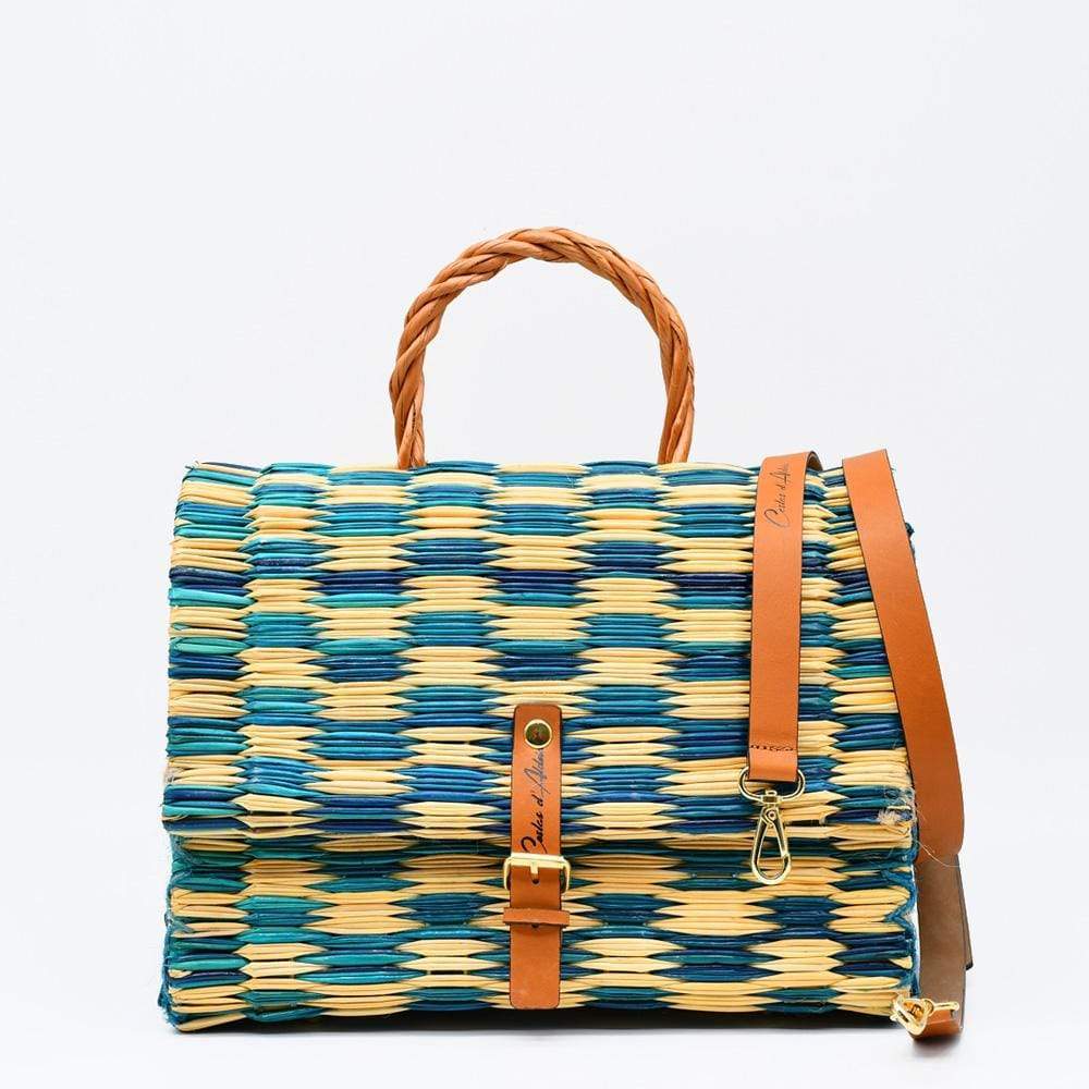 Sac cartable en osier (jonc) 25cm - Turquoise & naturel