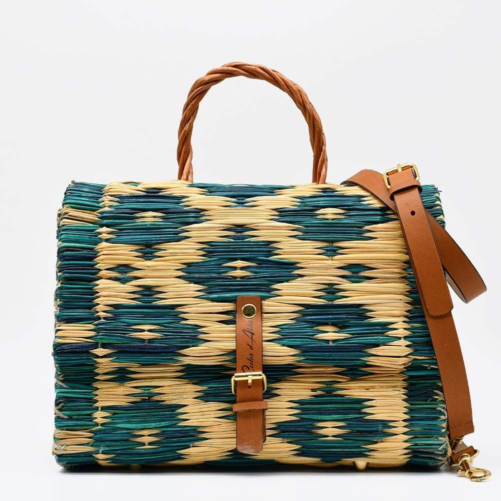 Sac cartable en jonc 30cm - Turquoise & naturel