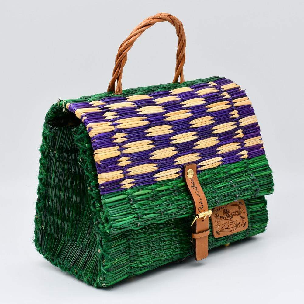 Sac cartable en osier (jonc) 25cm- Vert & violet