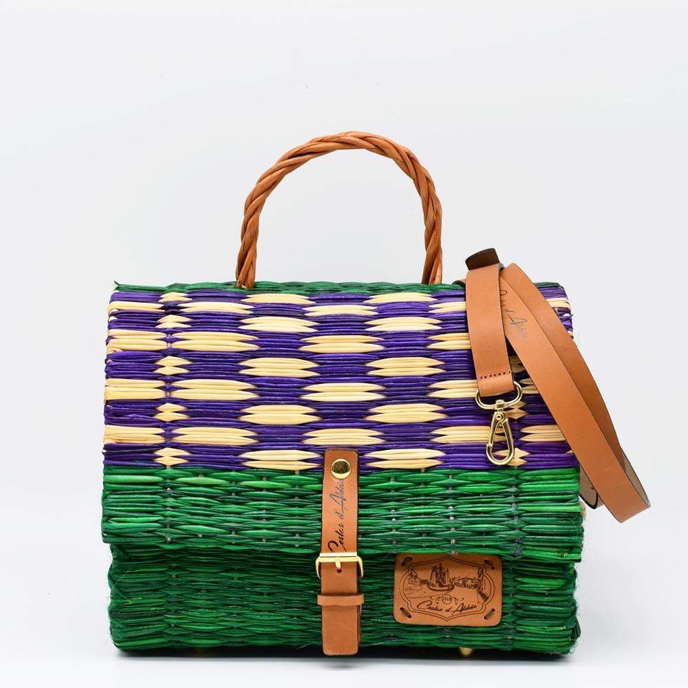Sac cartable en osier (jonc) 25cm- Vert & violet
