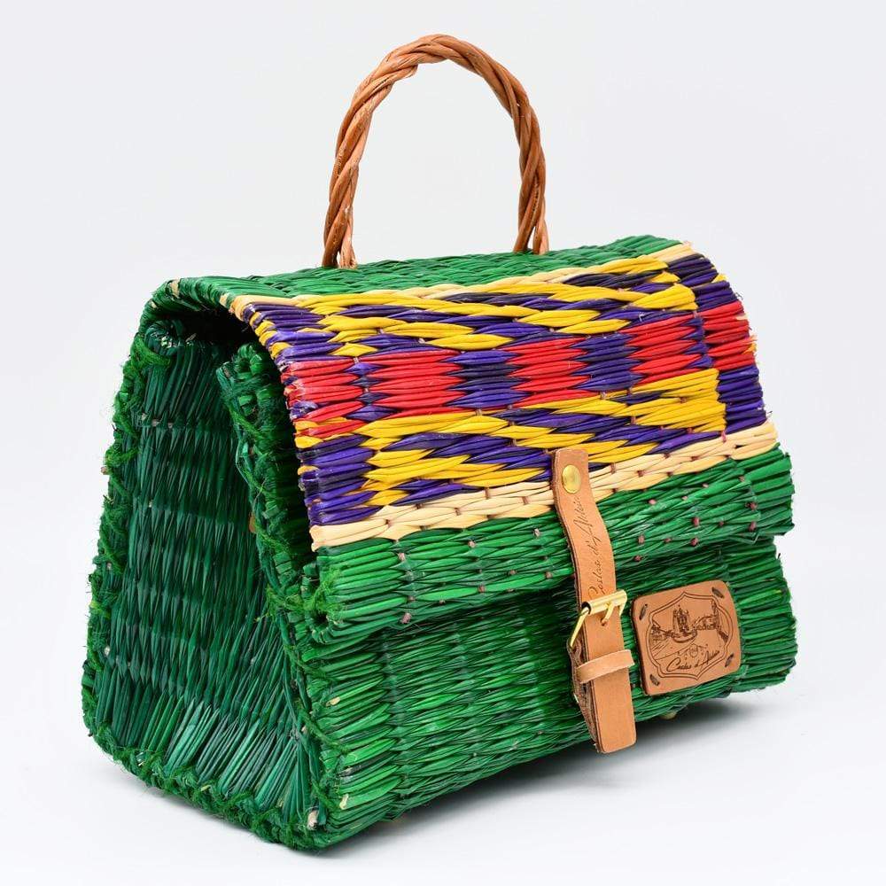 Sac cartable en osier (jonc) 25cm - Vert & multicolore