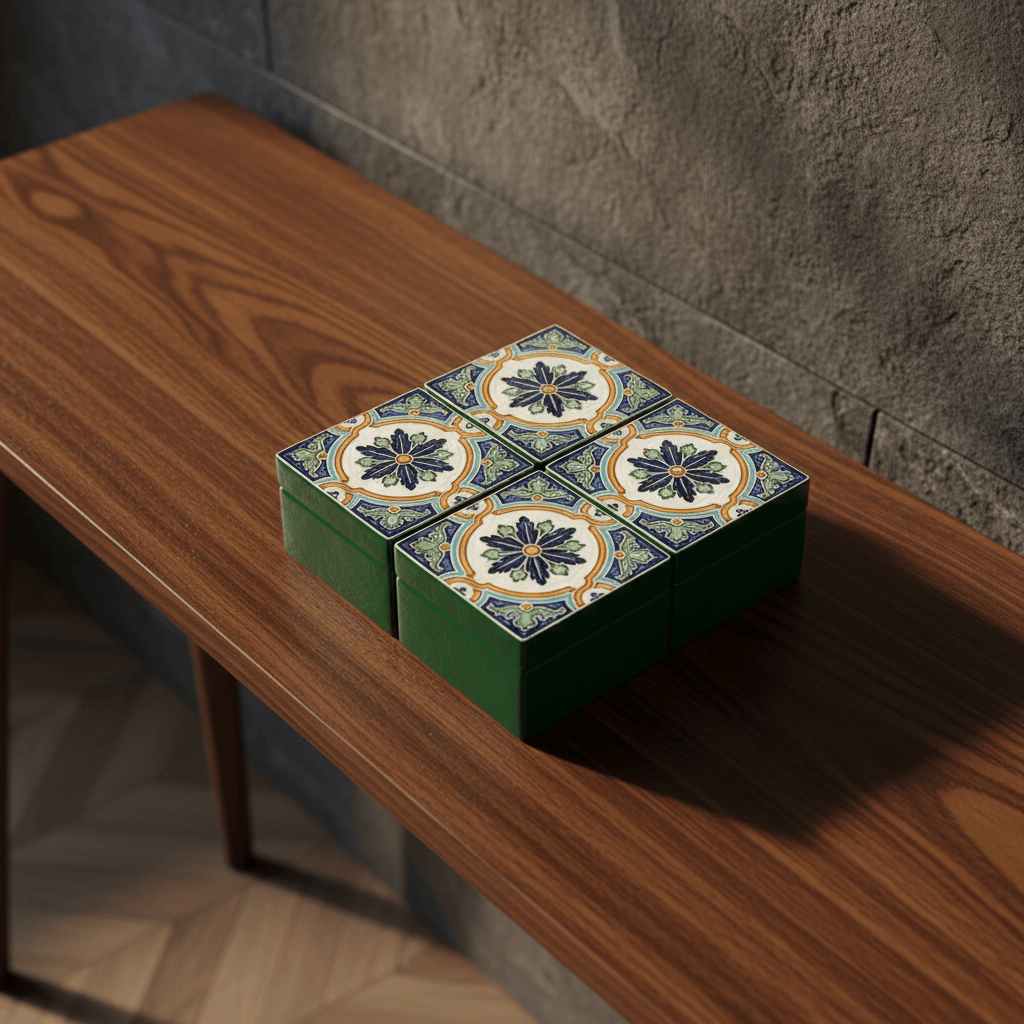 Boîte Céramique Artisanale Azulejos - Vert Émeraude & Liège Boite à secrets "Azulejos" - Vert