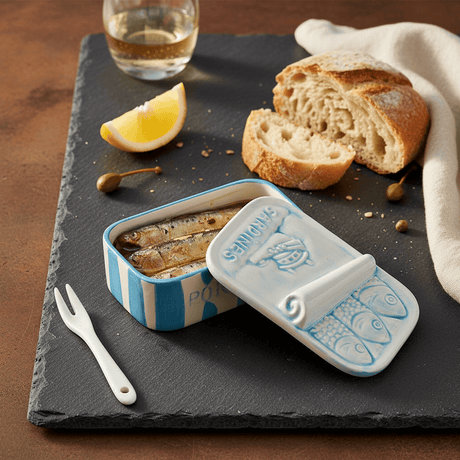 Boite en céramique rayée turquoise Boite à sardines en céramique rayée - Turquoise