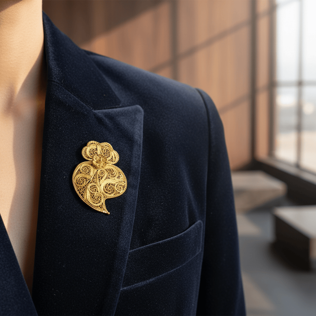 Broche Coeur de Viana en argent doré 6cm I Vente bijoux argent Coração de Viana I Broche en argent doré - 6cm