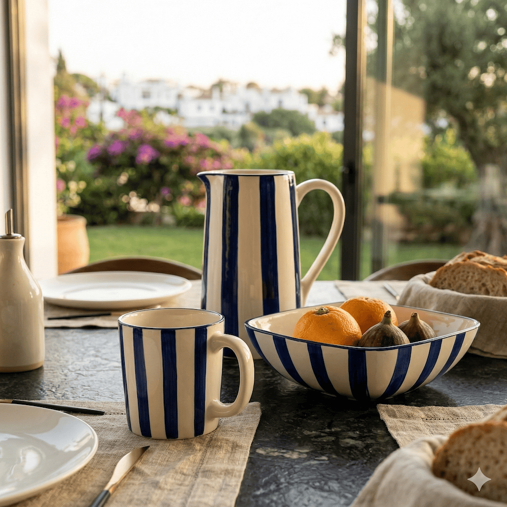 Carafe rayée en céramique bleue cobalt Carafe rayée "Costa Nova Mar" - Bleue Cobalt