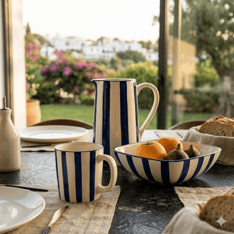 Carafe rayée en céramique bleue cobalt Carafe rayée "Costa Nova Mar" - Bleue Cobalt