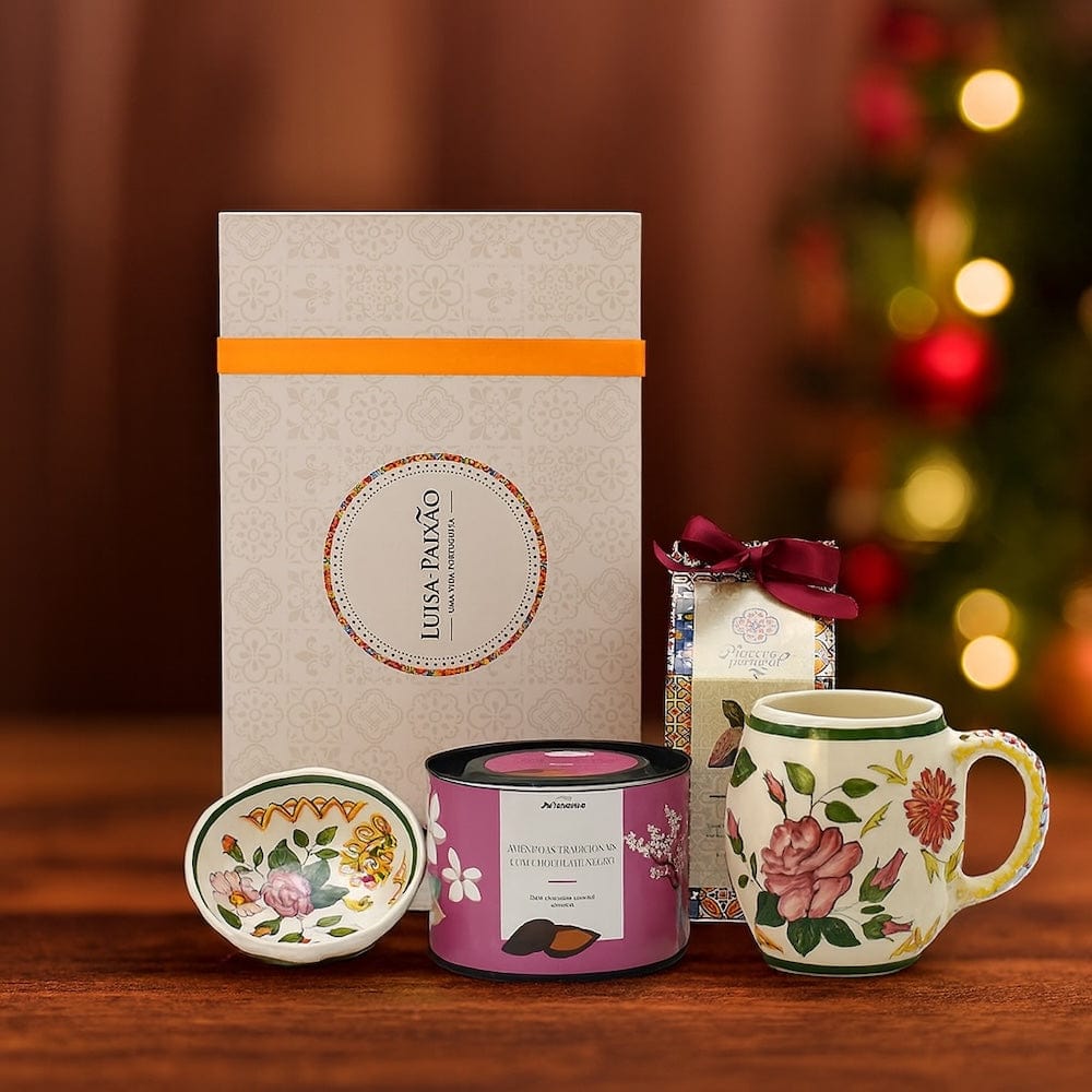 Coffret cadeau portugais – Amandes chocolatées, infusion & céramique artisanale Coffret cadeau "Amêndoas"