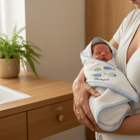 Drap de bain à capuche bleu aux motifs sardines portugaises Drap de bain à capuche en coton "Sardinhas" - Bleu