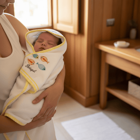 Drap de bain à capuche jaune aux motifs sardines portugaises Drap de bain à capuche en coton "Sardinhas" - Jaune