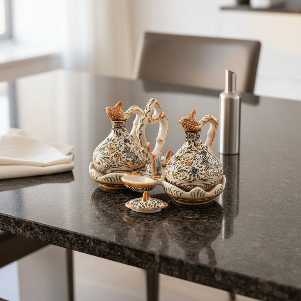 Présentoir à huile. vinaigre. sel et poivre en céramique de Coimbra Présentoir à huile. vinaigre. sel et poivre en céramique de Coimbra