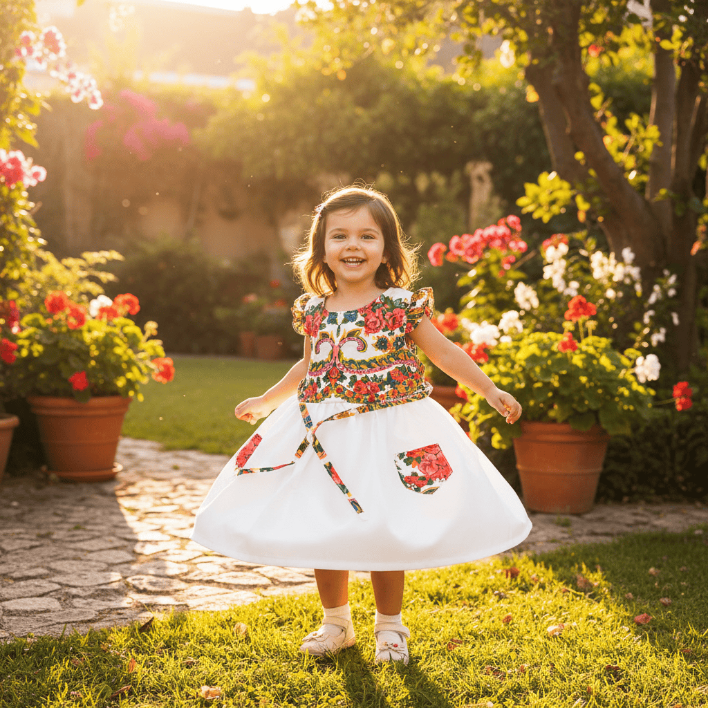 Robe enfant portugaise blanche à motifs floraux Viana Robe enfant à motifs Viana - Blanche