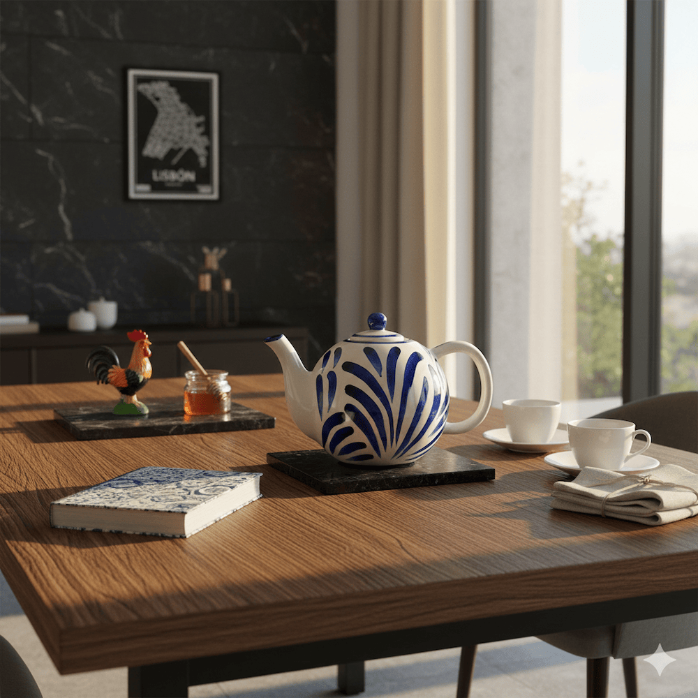 Théière boule en céramique portugaise bleue Théière boule en céramique "Andorinha" - Bleue