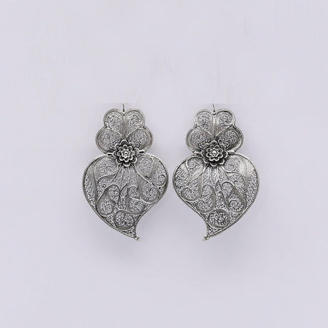 Boucles d'oreille Coeur de Viana en filigrane d'argent oxydé 6,5cm Coração de Viana I Boucles d'oreille en argent oxydé -  6,5cm