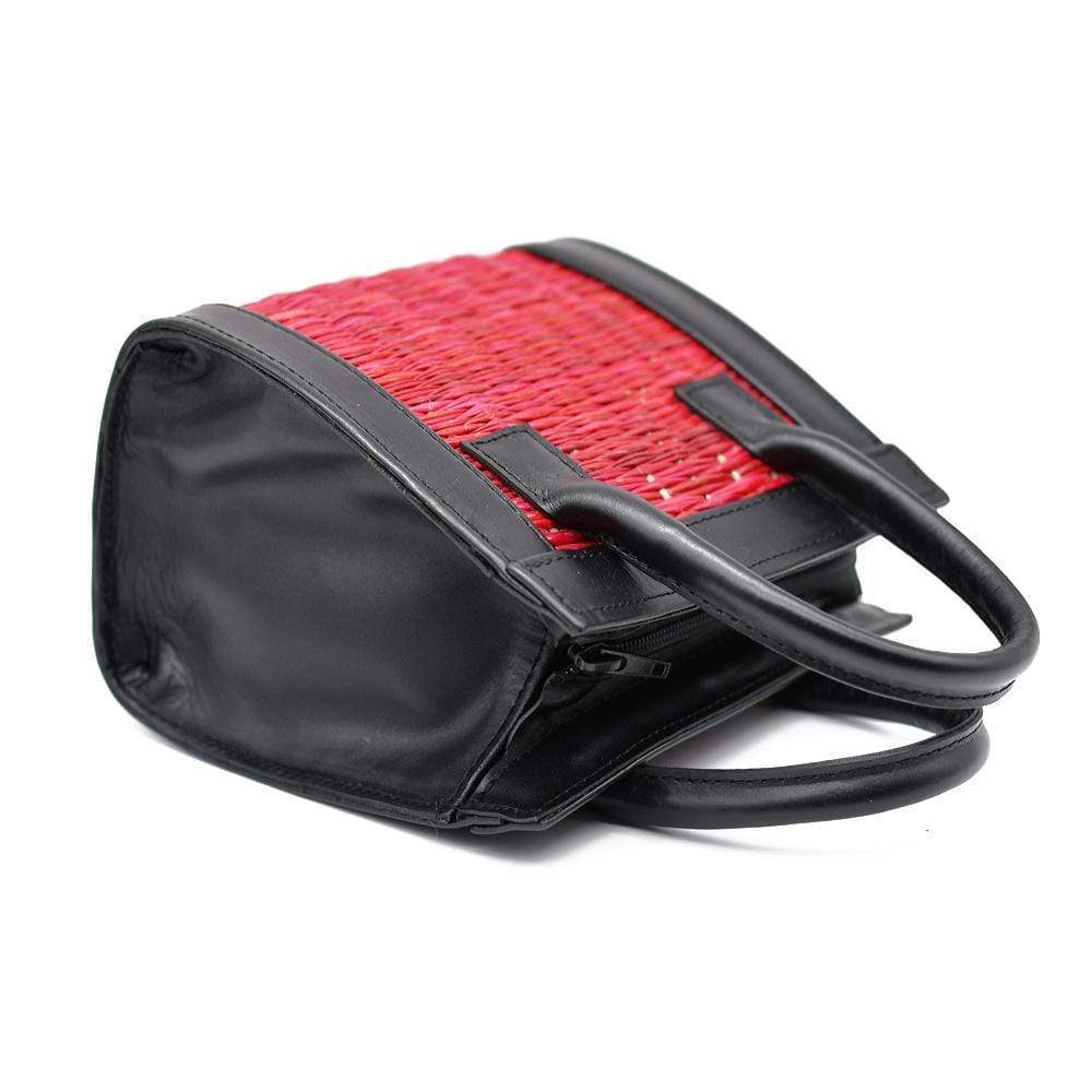 Sac en cuir et osier (jonc) 20cm - Rouge