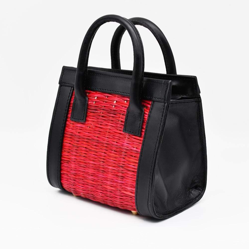Sac en cuir et osier (jonc) 20cm - Rouge