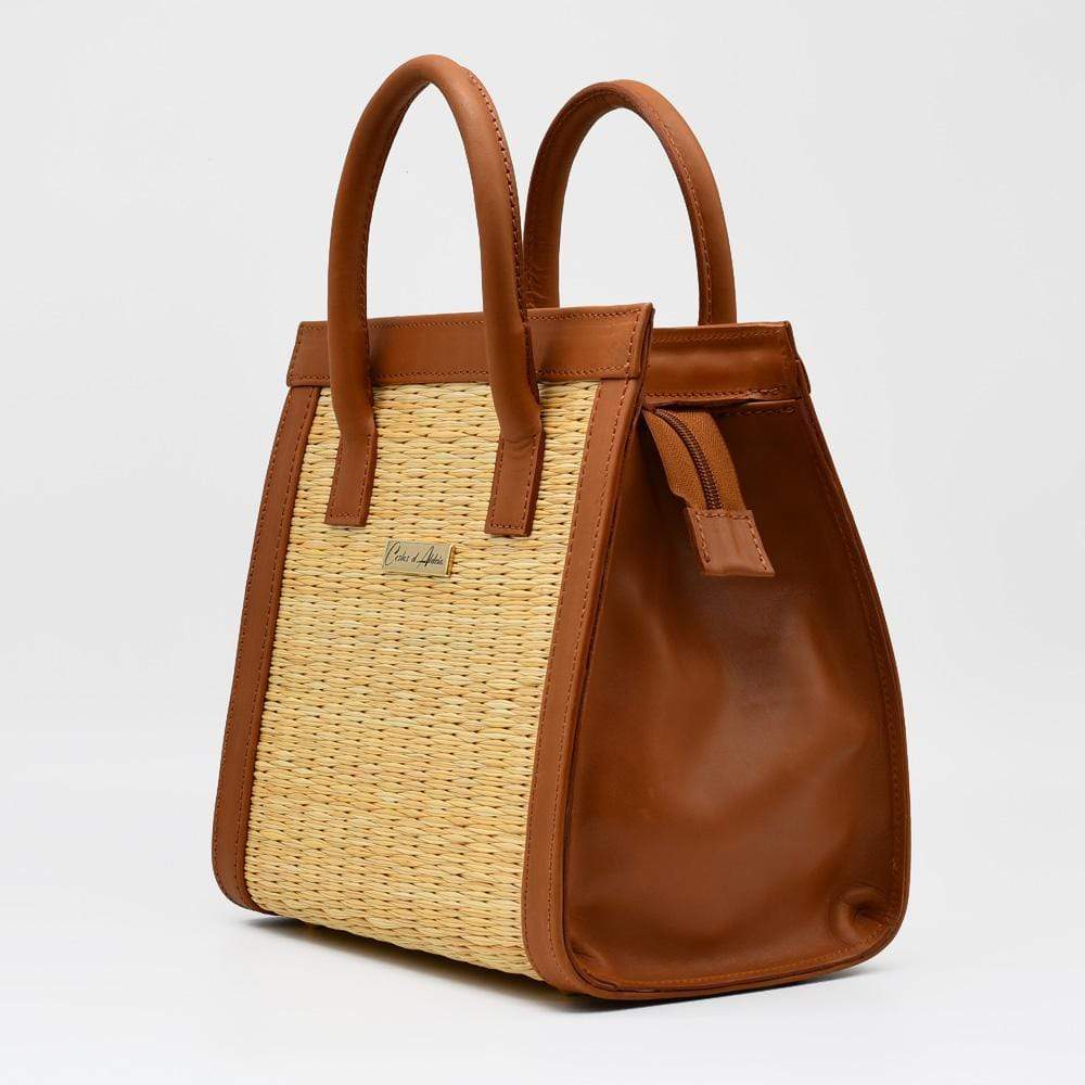 Sac en cuir et osier (jonc) 26cm - Naturel