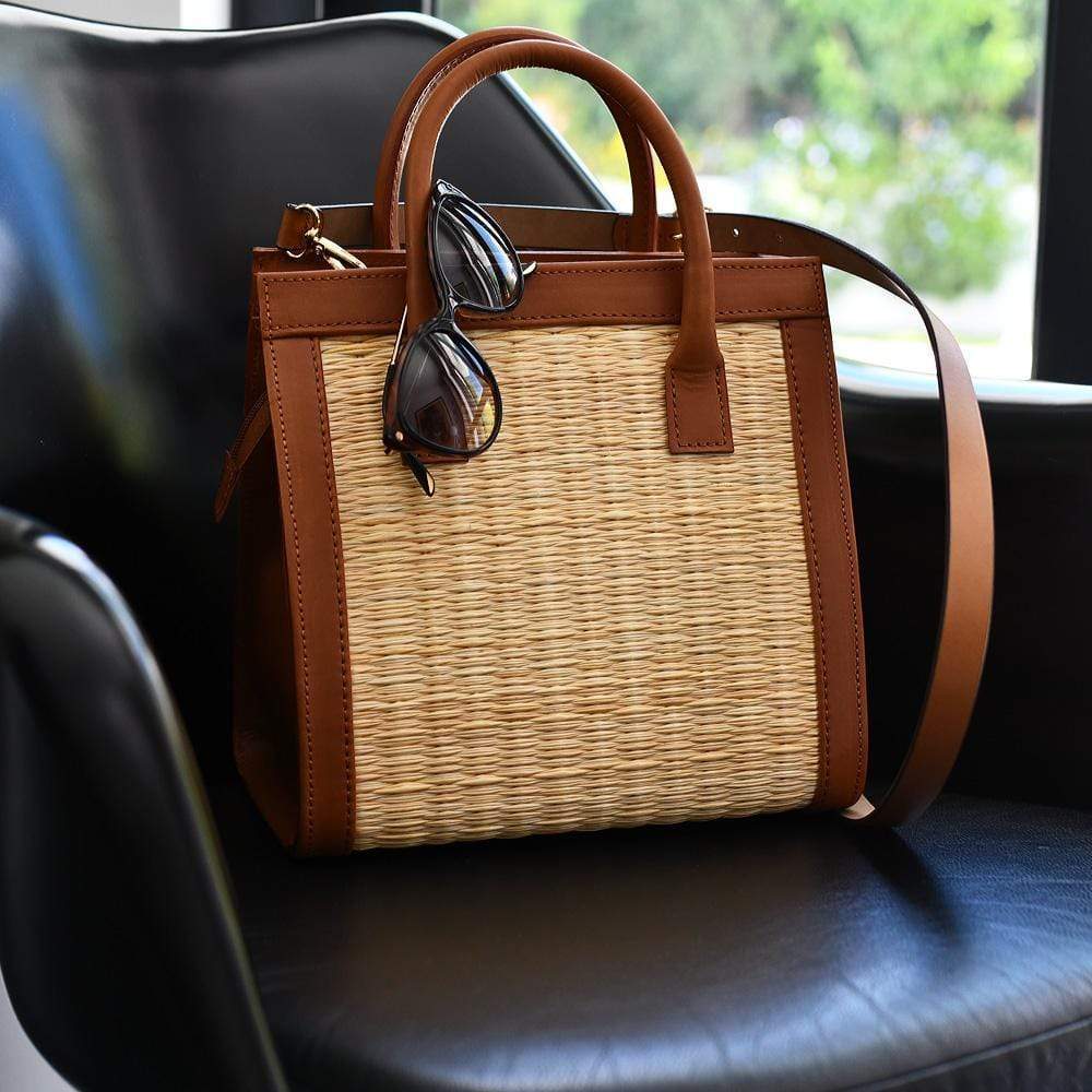 Sac en cuir et osier (jonc) 26cm - Naturel