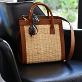 Sac en cuir et osier (jonc) 26cm - Naturel