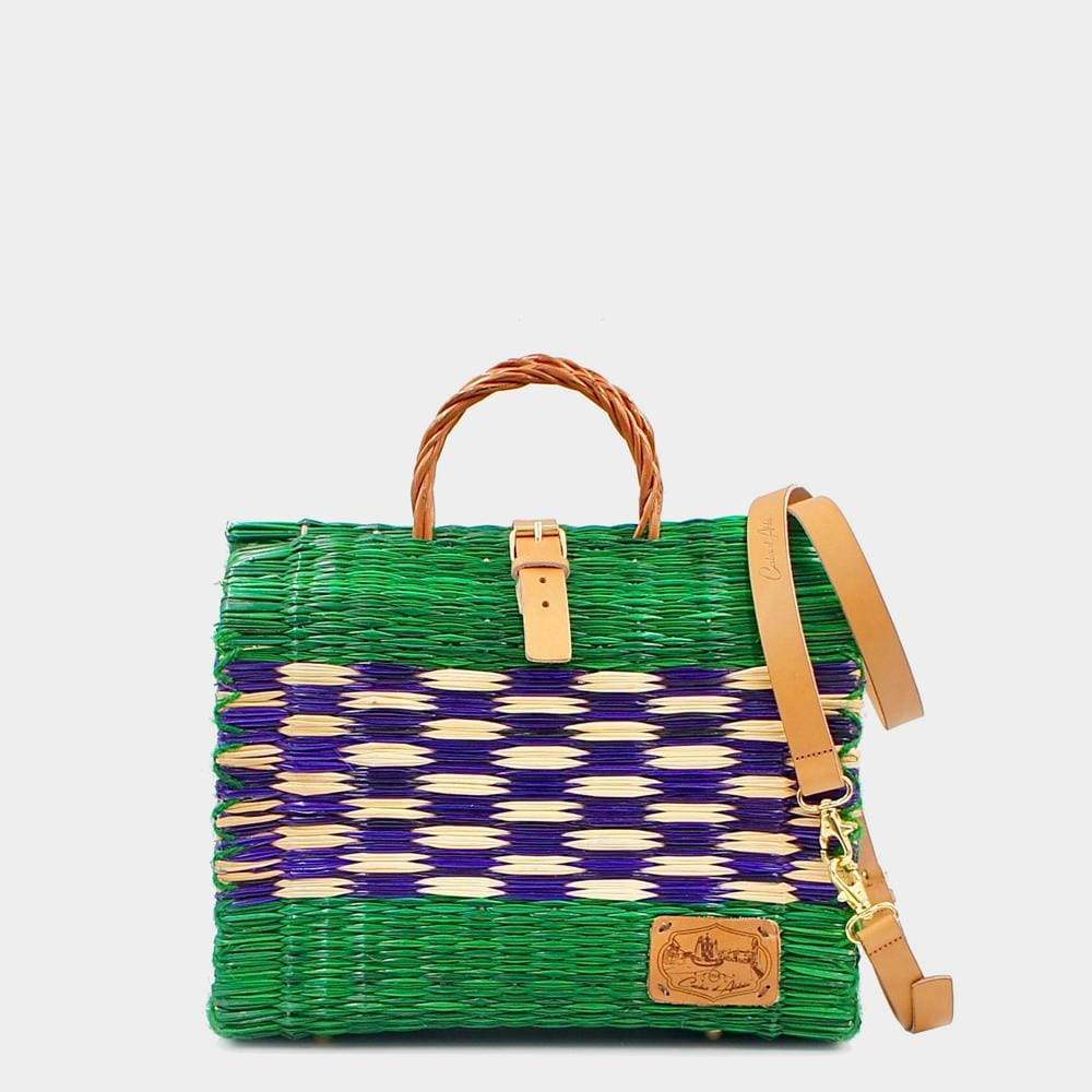 Sac cabas en osier (jonc) 22cm - Vert & violet