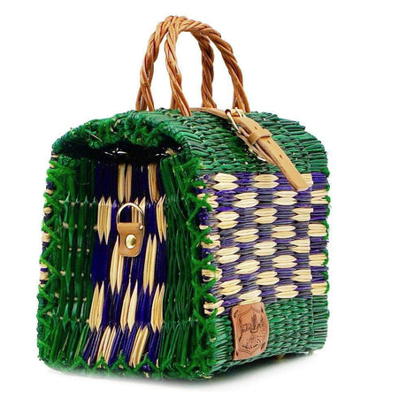 Sac cabas en osier (jonc) 22cm - Vert & violet