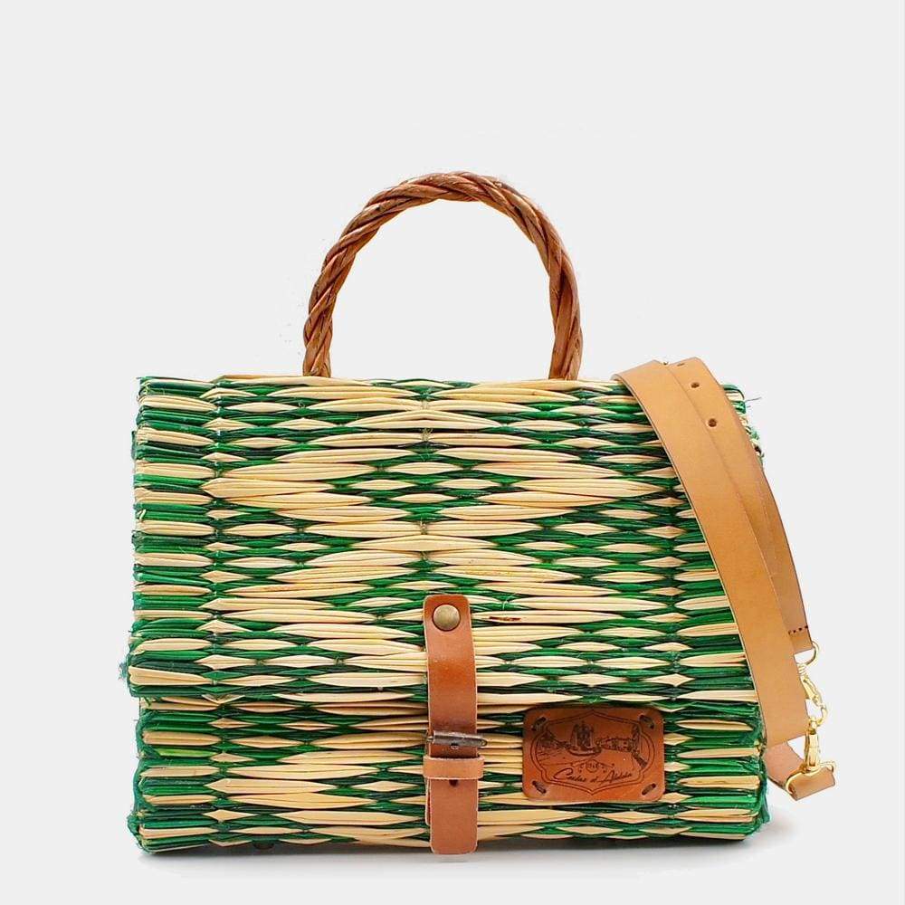 Sac cartable en osier (jonc) 25cm - Vert & naturel
