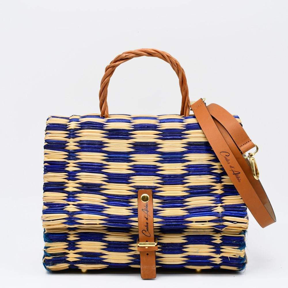Sac cartable en osier (jonc) 25cm - Bleu & naturel