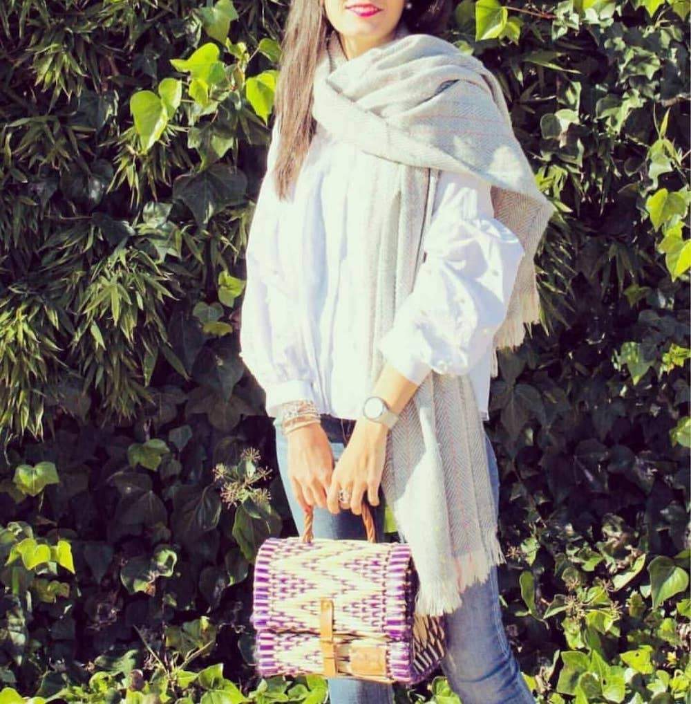 Sac cartable en osier (jonc) 25cm - Violet & naturel